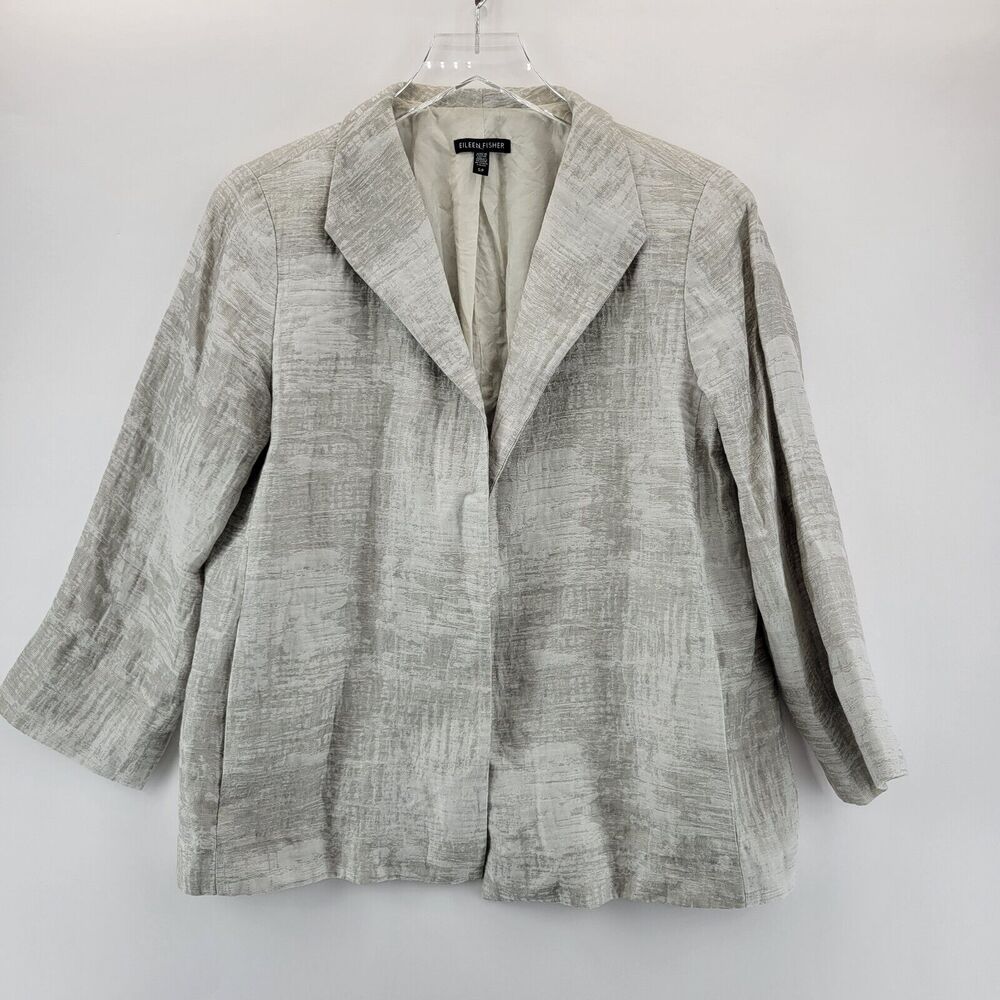 Eileen Fisher Blazer Jacket Small Metallic‎ Silver Linen Silk Cotton 3/4 Sleeves